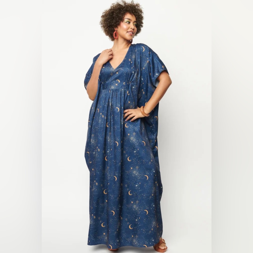 Unique Vintage Navy and Golden Galaxy Burton Caftan Dress